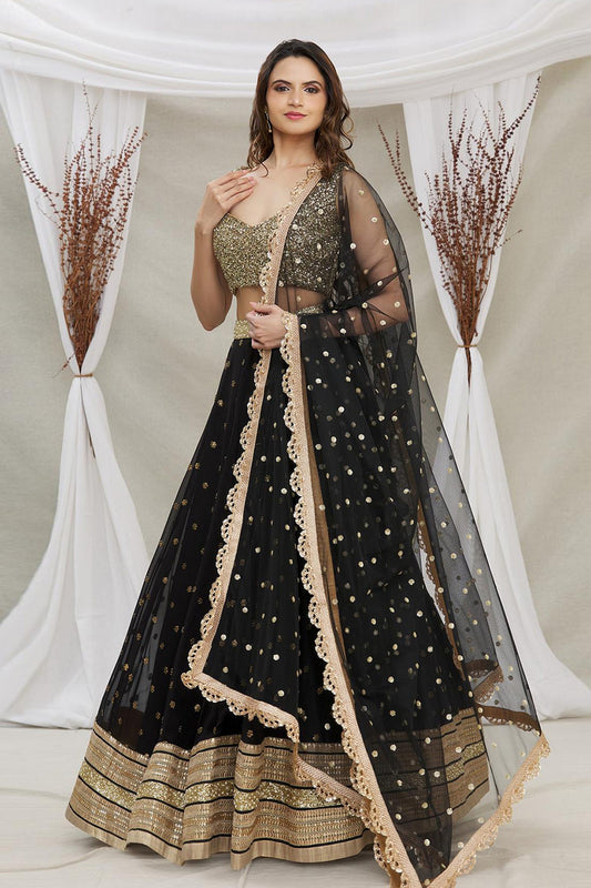 Black Georgette Lehenga Choli For Indian Festivals & Pakistani Weddings - Sequence Embroidery Work