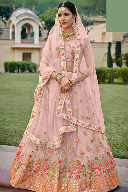 Green Pakistani Net Floral Lehenga Choli For Indian Festivals & Weddings - Thread Embroidery Work,