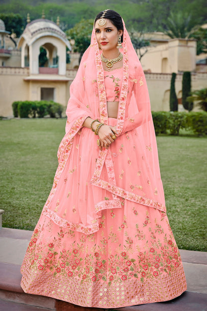 Green Pakistani Net Floral Lehenga Choli For Indian Festivals & Weddings - Thread Embroidery Work,