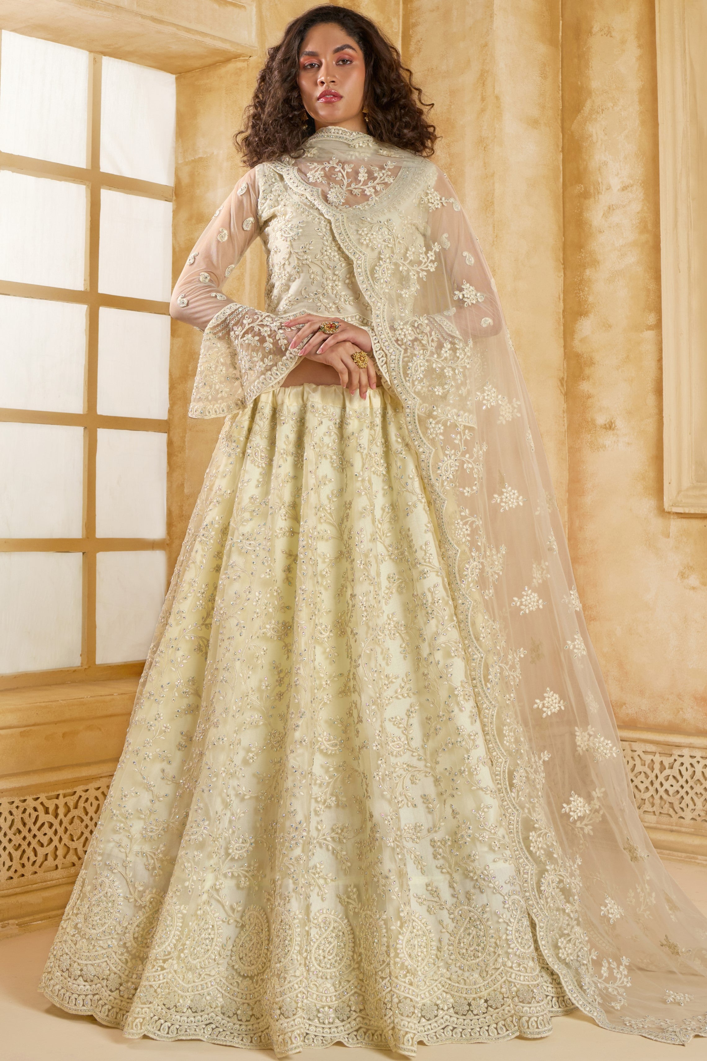 Off White Net Lehenga Choli For Wedding Guest in Indian Festivals & Pakistani Weddings Dress - Thread Embroidery Work, Stone Work 38 Off White Net Lehenga Choli For Wedding Guest in Indian Festivals & Pakistani Weddings Dress - Thread Embroidery Work, Stone Work 38
