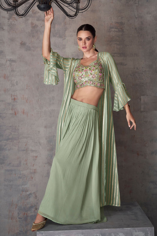Olive Georgette Plazo Suit For Indian Festivals & Pakistani Weddings - Embroidery Work