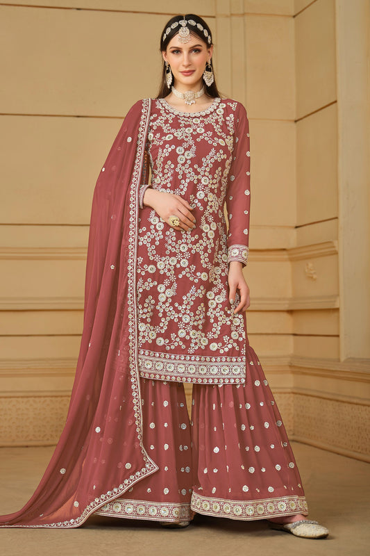 Rust Color Georgette Sharara Suit For Indian Festivals & Pakistani Weddings - Thread Embroidery Work, Sequence Embroidery Work