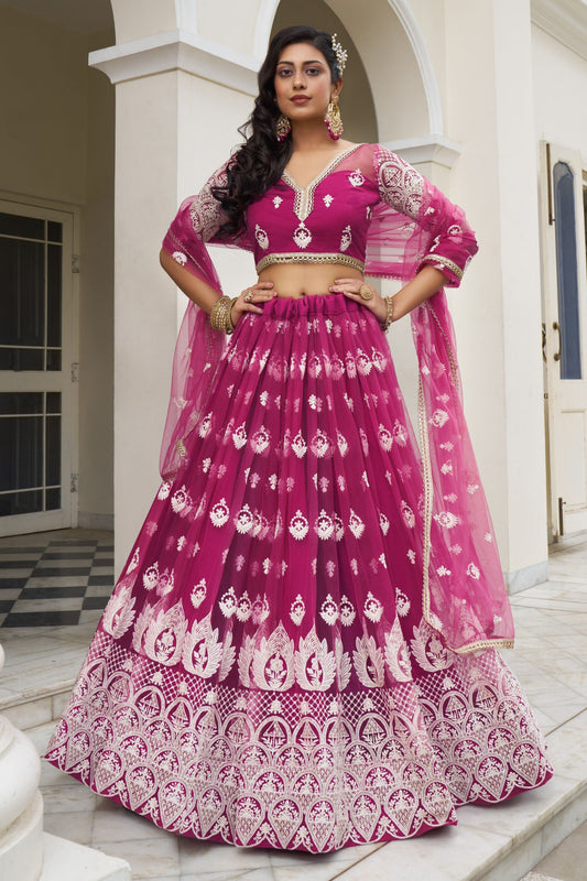 Pink Net Embroidered Lehenga Choli For Indian Festival & Weddings - Thread Embroidery Work, Sequence Embroidery Work