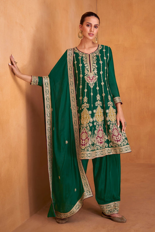 Green Pakistani Chinon Silk Plazo Suit For Indian Festivals & Weddings - Embroidery Work