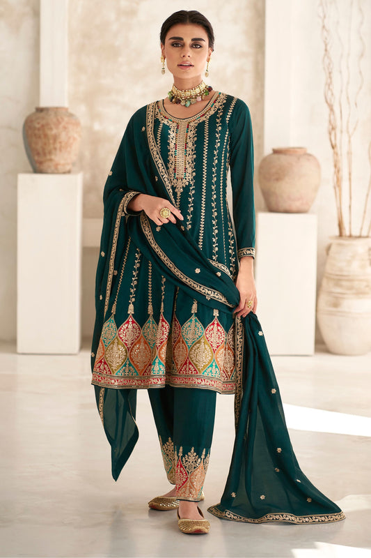 Teal Pakistani Silk Salwar Kameez with Pant For Indian Festivals & Weddings - Thread Embroidery Work