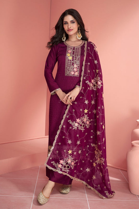 Maroon Silk Salwar Kameez Suit For Indian Festivals & Pakistani Weddings - Thread Embroidery Work