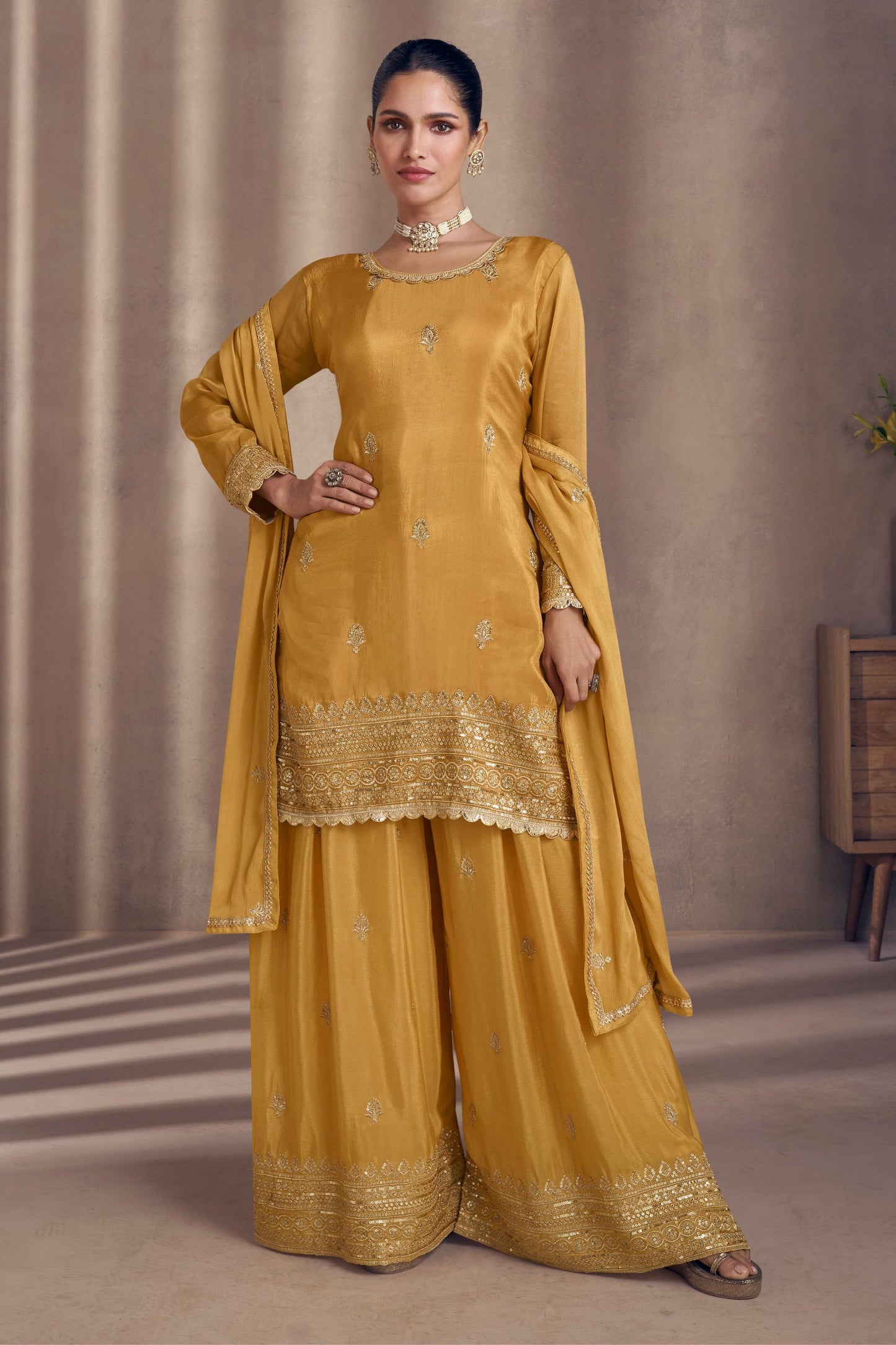 Mustard Chinon Silk Sharara Suit for Indian Festival & Pakistani Wedding - Embroidery Work