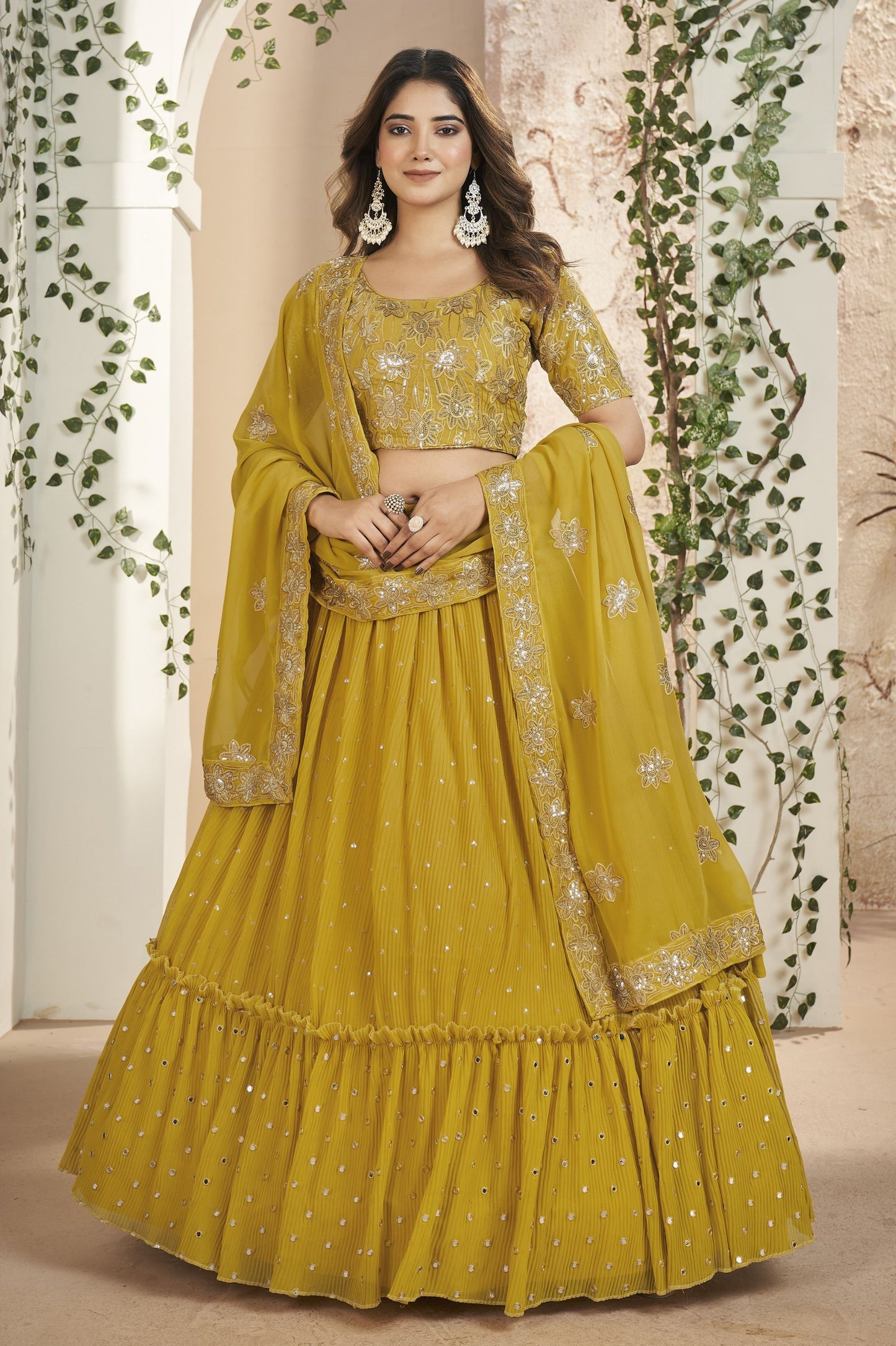 Mustard Georgette Ruffle Lehenga Choli 9 Meter Flair For Indian Festivals & Weddings - Sequence Embroidery Work, Thread Embroidery Work,