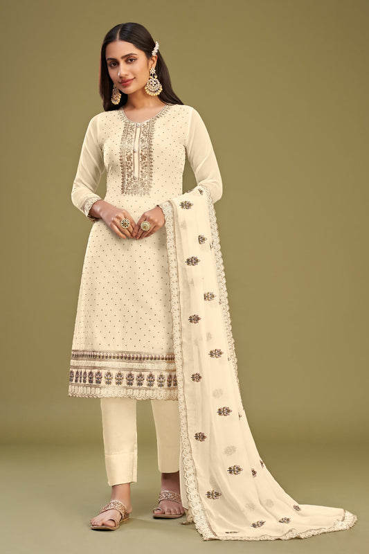 Cream Georgette Plus Size Upto 7XL Size Salwar Kameez For Indian Festivals & Pakistani Weddings - Thread Embroidery Work, Swarovski Work