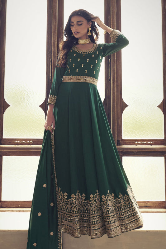 Green Pakistani Silk Anarkali Gown Suit For Indian Festivals & Weddings - Thread Embroidery Work,