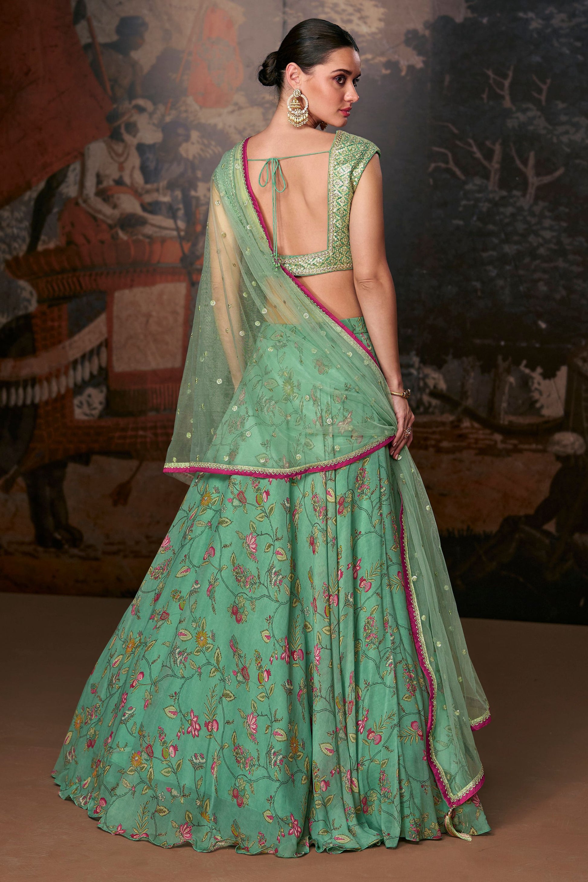 Turquoise Organza Silk Lehenga Choli For Indian Festivals & Pakistani Weddings - Embroidery Work, Print Work