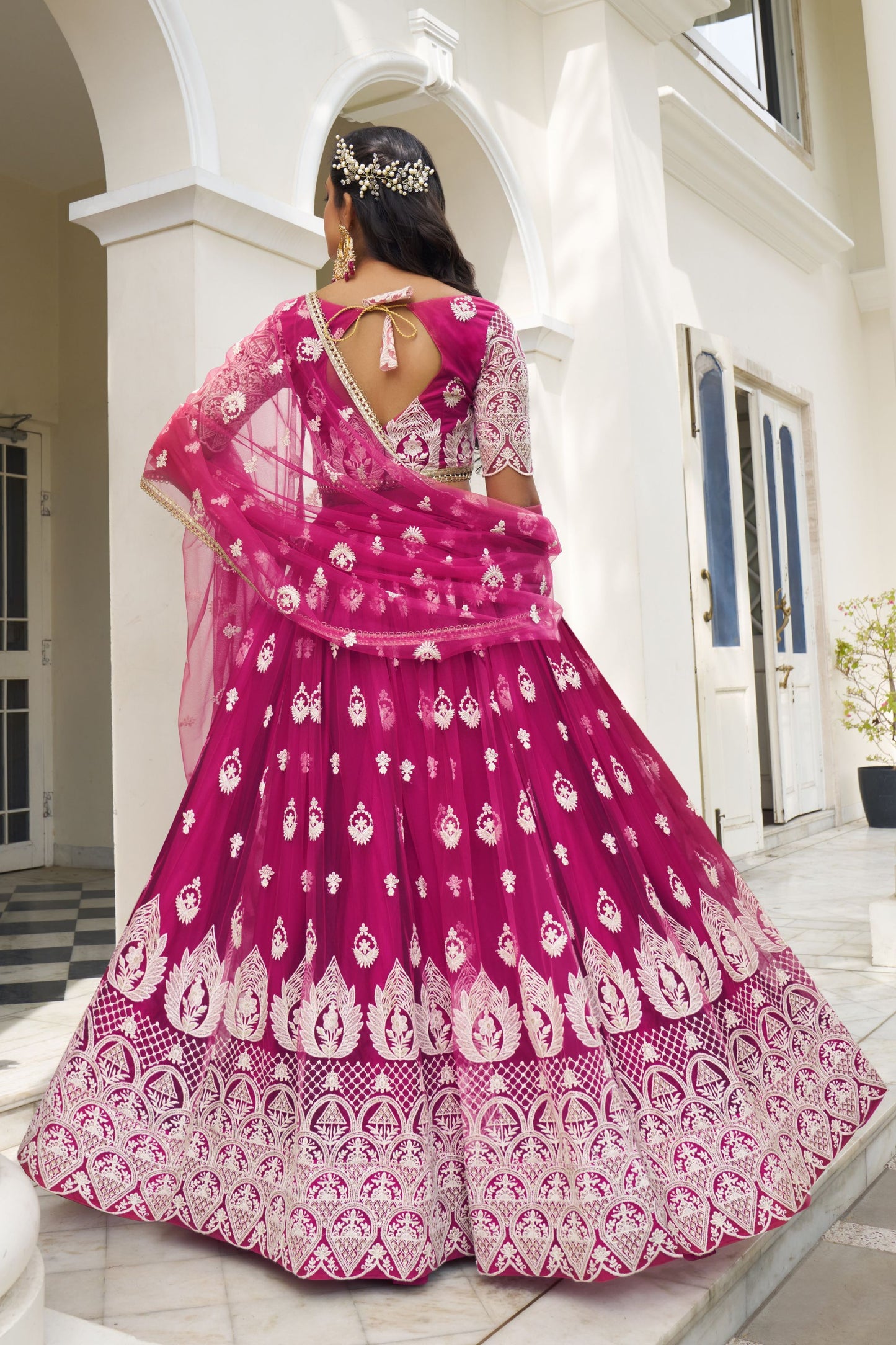Pink Net Embroidered Lehenga Choli For Indian Festival & Weddings - Thread Embroidery Work, Sequence Embroidery Work