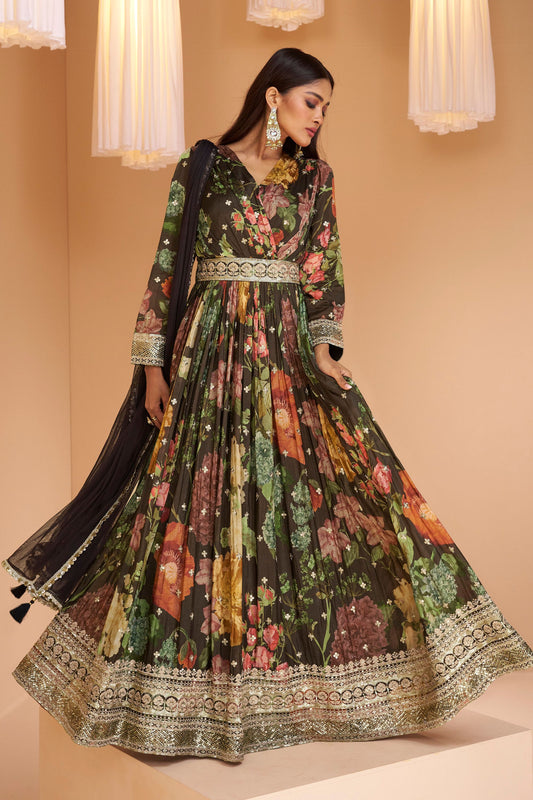 Black Pakistani Georgette Floor Full Length Flower Printed Anarkali Gown For Indian Festivals & Weddings - Embroidery Work, Print Work