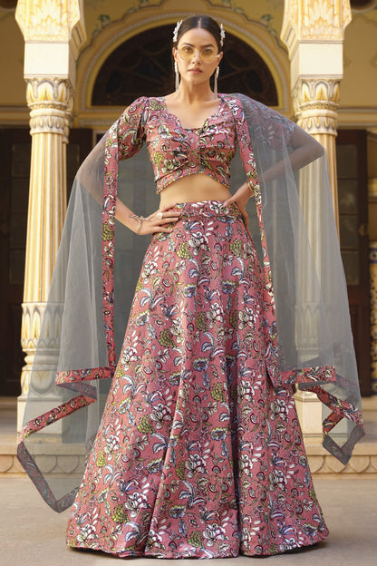 Pastel Pink Crushed Silk Floral Printed Lehenga Choli For Indian Festivals & Weddings - Print Work