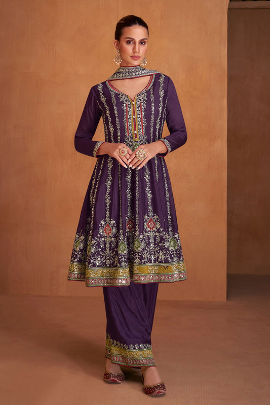 Purple Pakistani Chinon Silk Plazo Suit For Indian Festivals & Weddings - Embroidery Work