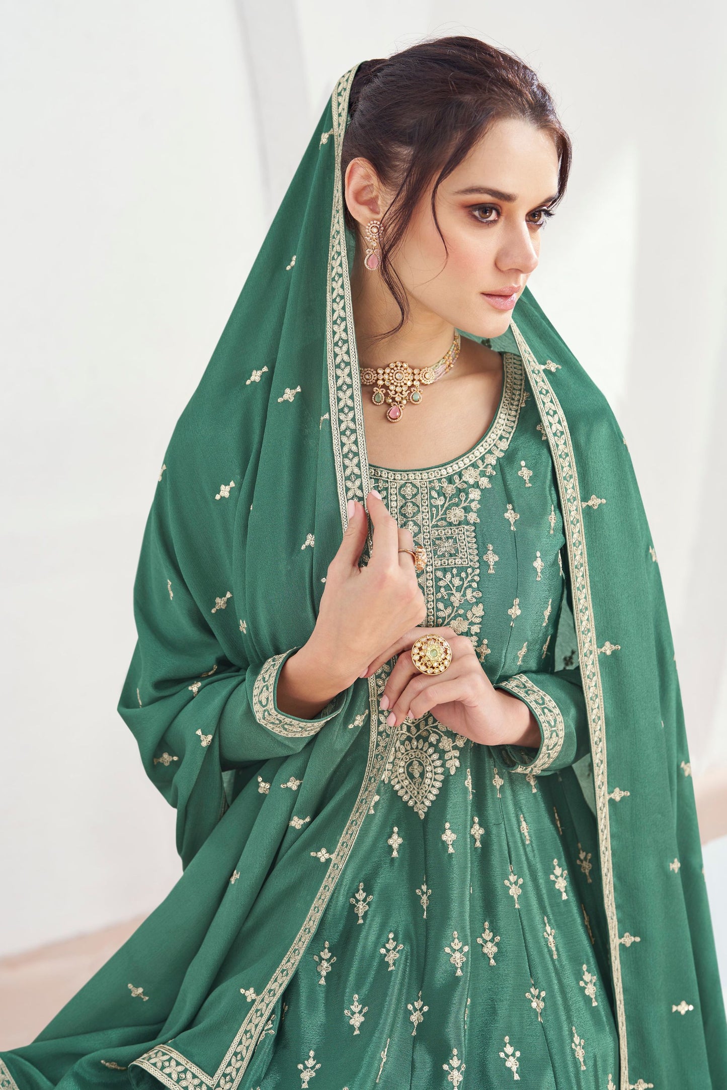 Green Chinon Silk Palazzo Suit For Indian Festival & Pakistani Weddings - Embroidery Work