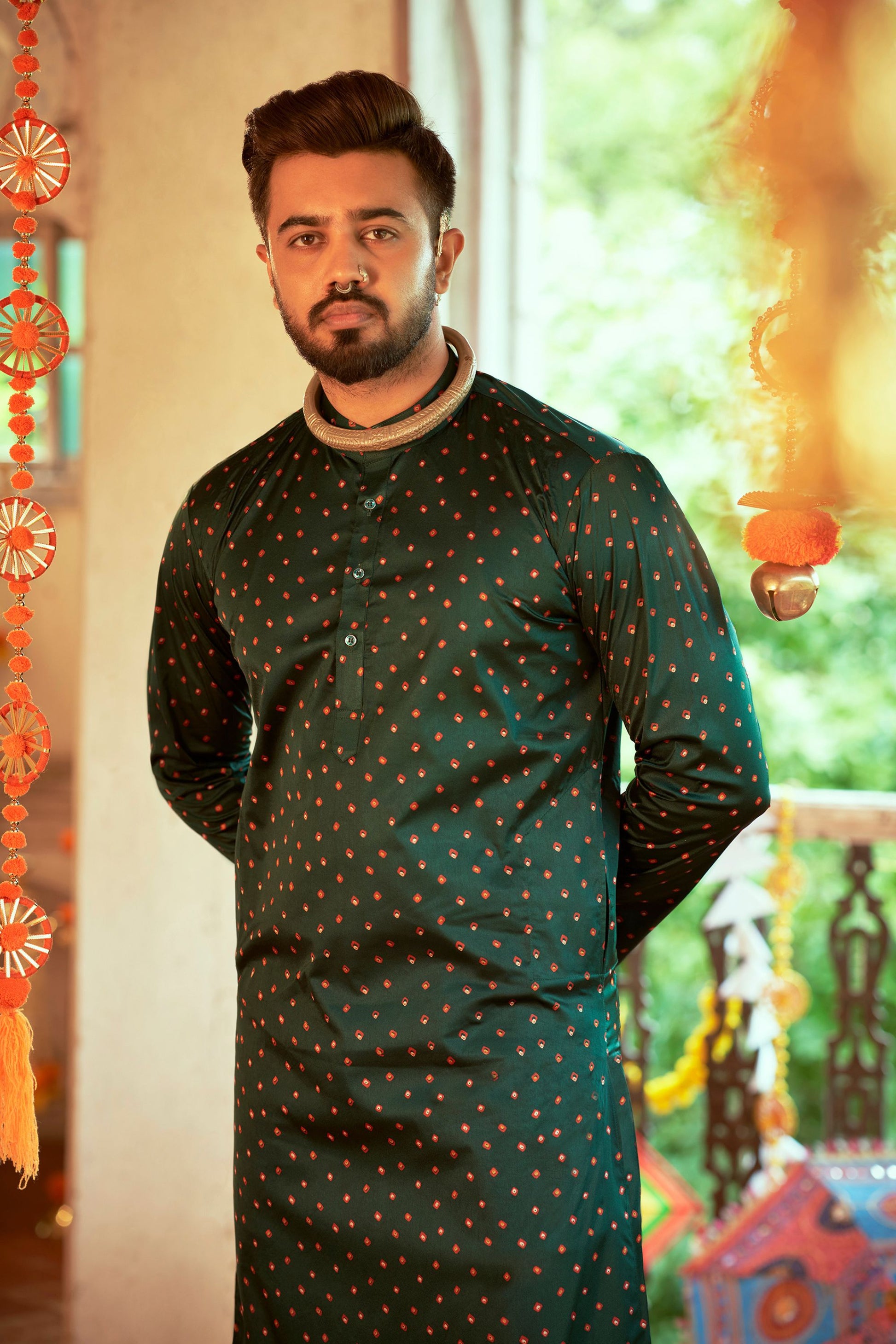 Green Silk Kurta Pyjama for Men For Navratri Garba Festivals - Print Work