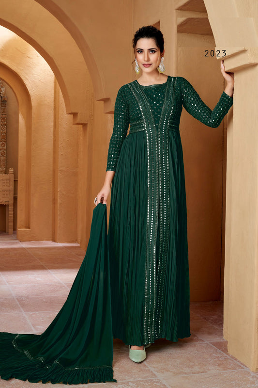 Green Crushed Georgette Full Floor Length Anarkali Gown For Indian Festivals & Weddings - Thread Embroidery Work, Mirror Work