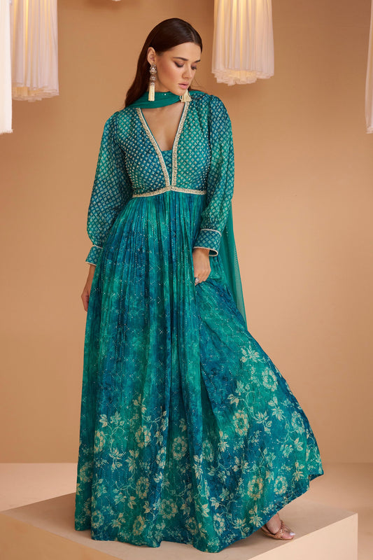 Turquoise Pakistani Georgette Floor Full Length Flower Printed Anarkali Gown For Indian Festivals & Weddings - Embroidery Work, Print Work