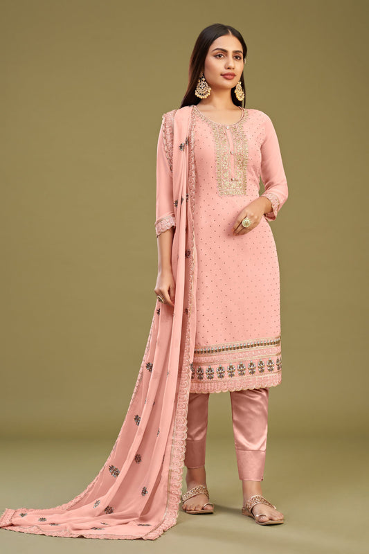 Peach Georgette Plus Size Upto 7XL Size Salwar Kameez For Indian Festivals & Pakistani Weddings - Thread Embroidery Work, Swarovski Work