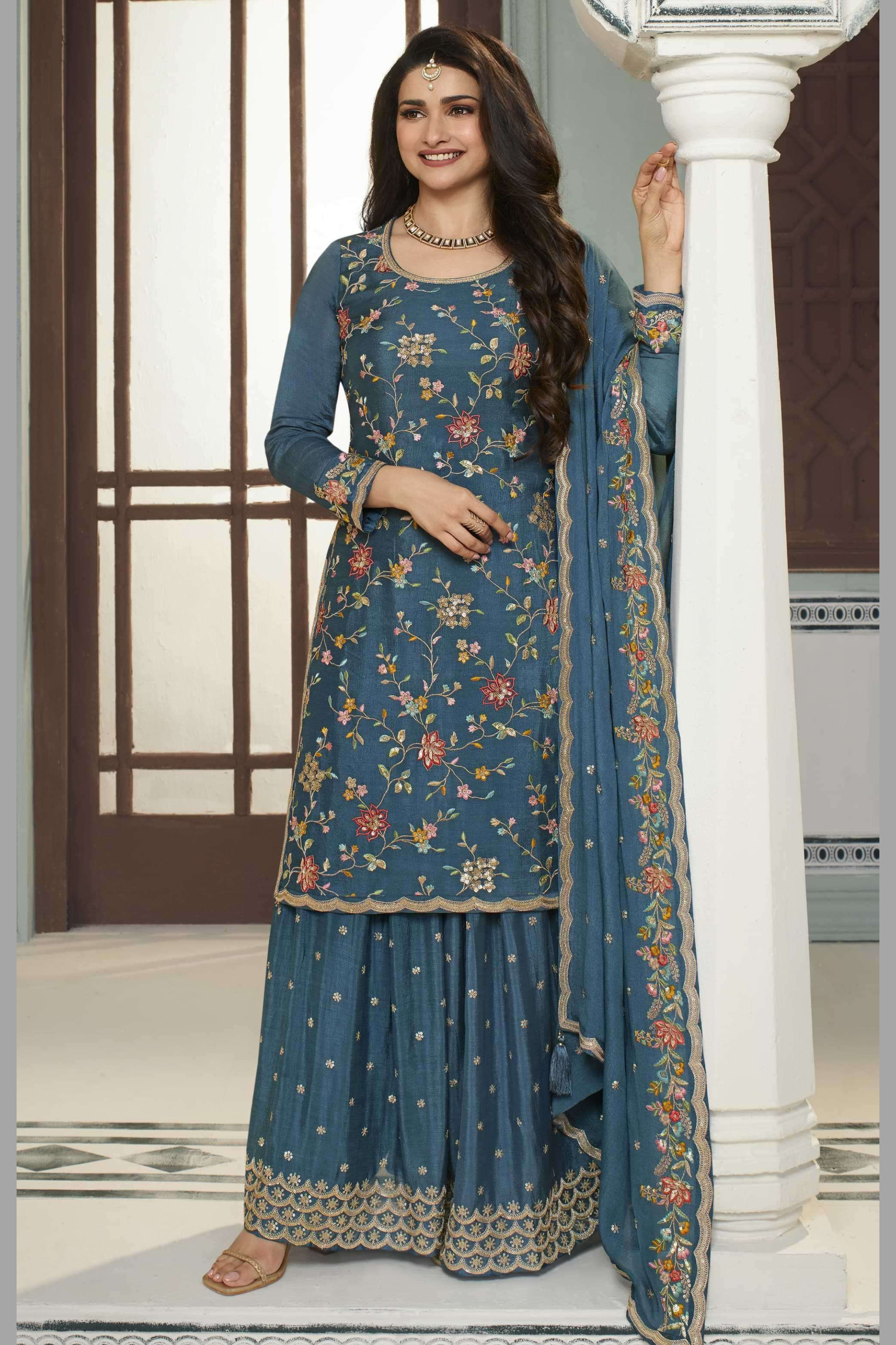 Blue Chinon Silk Floral Plazo Suit For Indian Festivals & Pakistani Weddings Dress - Embroidery Work 38 Blue Chinon Silk Floral Plazo Suit For Indian Festivals & Pakistani Weddings Dress - Embroidery Work 38