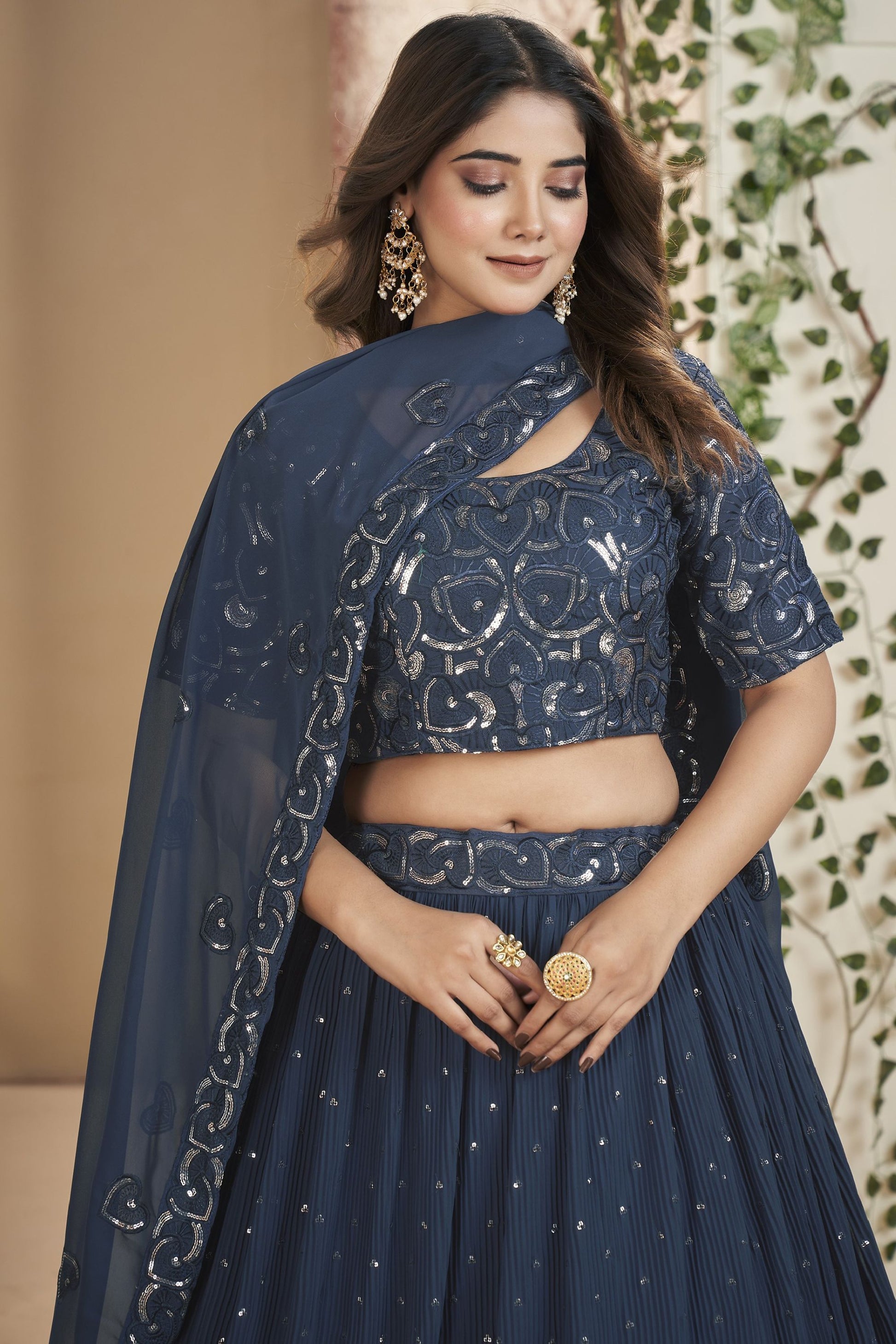 Blue Georgette Ruffle Lehenga Choli 9 Meter Flair For Indian Festivals & Weddings - Sequence Embroidery Work, Thread Embroidery Work,