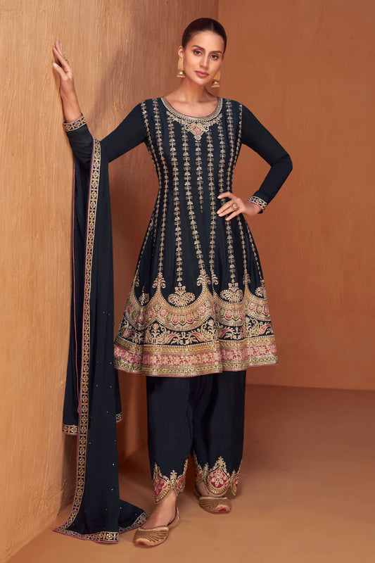 Black Pakistani Chinon Silk Plazo Suit For Indian Festivals & Weddings - Embroidery Work