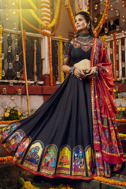 Black Cotton Chaniya Choli For Navratri Garba Festivals 8 Meter Flair - Thread Embroidery Work, Print Work, Mirror Work