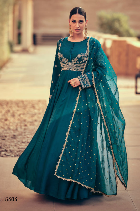 Teal Silk Georgette Floor Full Length Embroidered Anarkali Gown For Indian Festivals & Pakistani Weddings - Embroidery Work