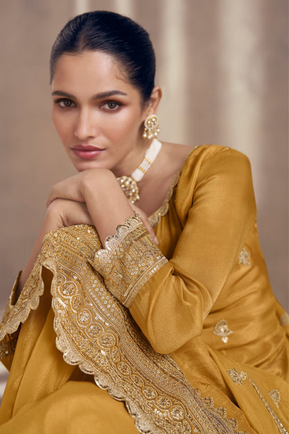 Mustard Chinon Silk Sharara Suit for Indian Festival & Pakistani Wedding - Embroidery Work