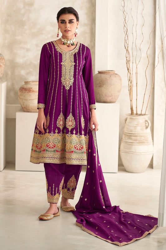 Magenta Pakistani Silk Salwar Kameez with Pant For Indian Festivals & Weddings - Thread Embroidery Work