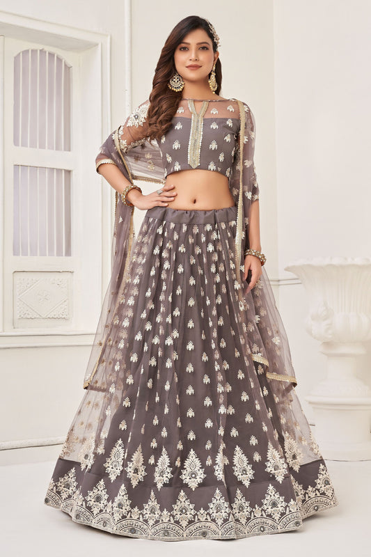 Light Brown Net Embroidered Lehenga Choli For Indian Festival & Weddings - Embroidery Work