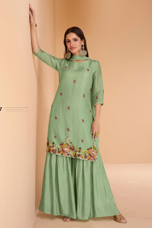 Green Organza Sharara Suit for Pakistani & Indian Festival - Embroidery Work