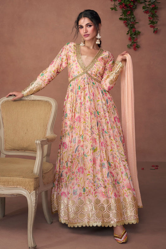 Baby Pink Pakistani Organza Floor Full Length Flower Printed Anarkali Gown For Indian Festivals & Weddings - Embroidery Work, Print Work