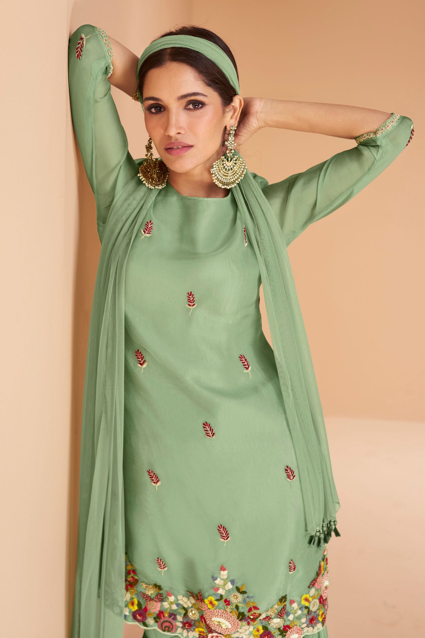 Green Organza Sharara Suit for Pakistani & Indian Festival - Embroidery Work