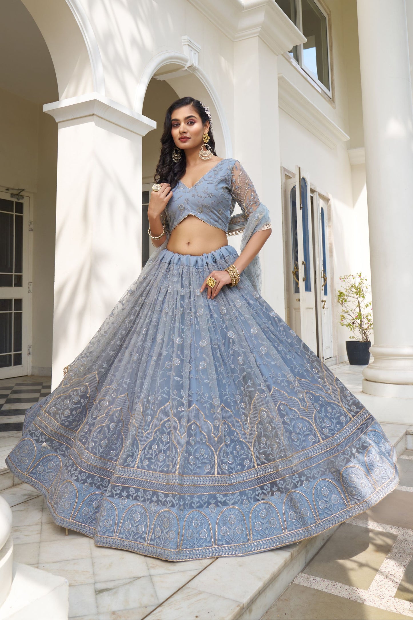 Blue Gray Net Embroidered Lehenga Choli For Indian Festival & Weddings - Thread Embroidery Work, Sequence Embroidery Work