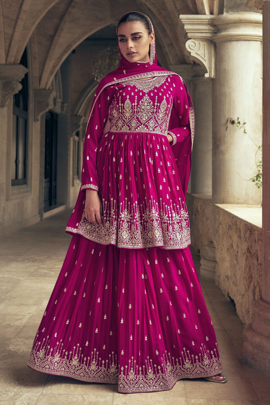 Pink Georgette Salwar Kameez For Indian & Pakistani Party, Festivals & Weddings - Thread Embroidery Work