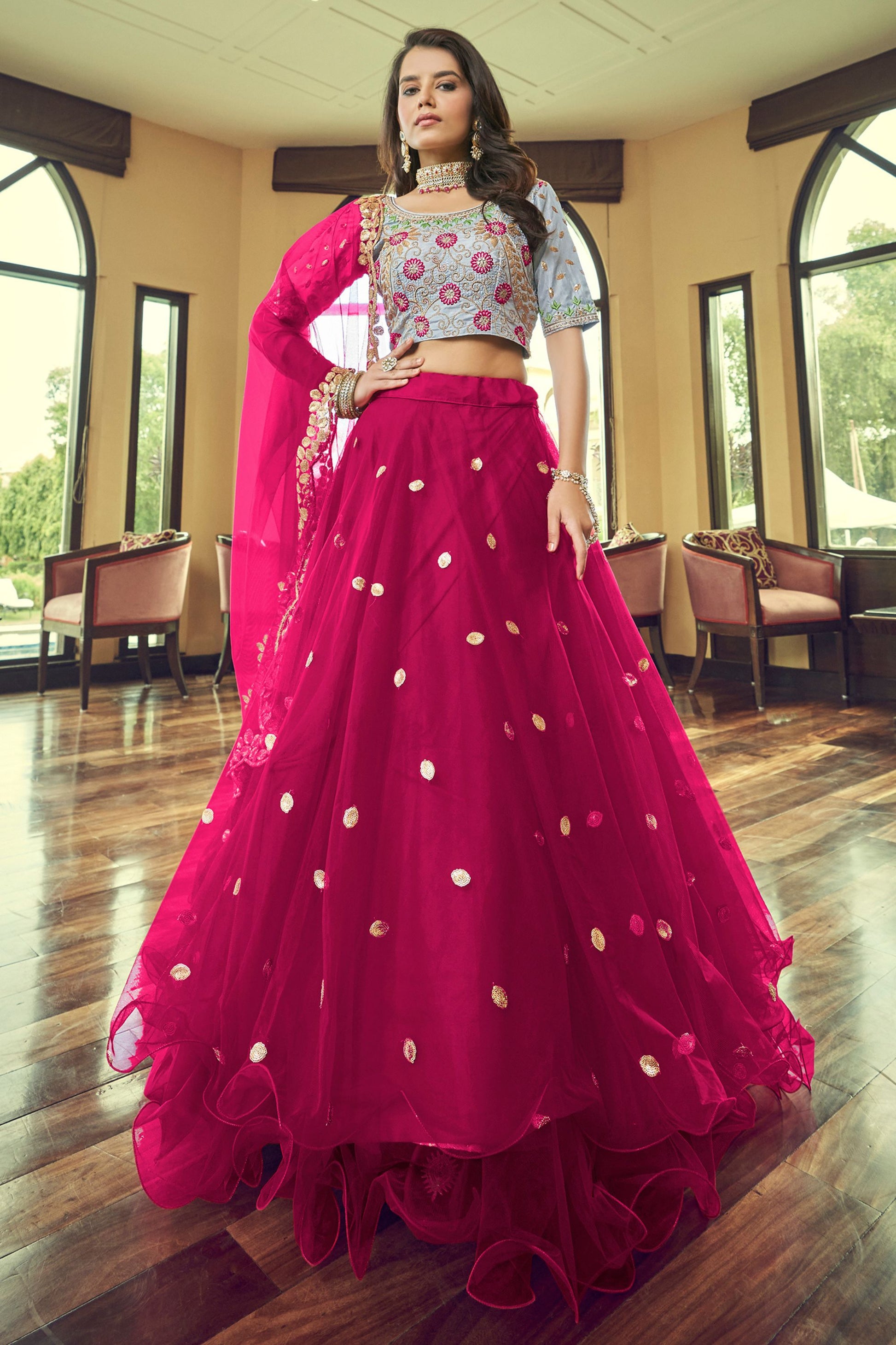 Red Pakistani Silk Ruffle Lehenga Choli For Indian Festivals & Weddings - Sequence Embroidery Work, Thread Embroidery Work,