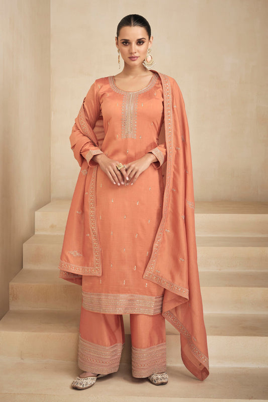 Orange Silk Salwar Kameez For Indian Festivals & Pakistani Weddings - Thread Embroidery Work