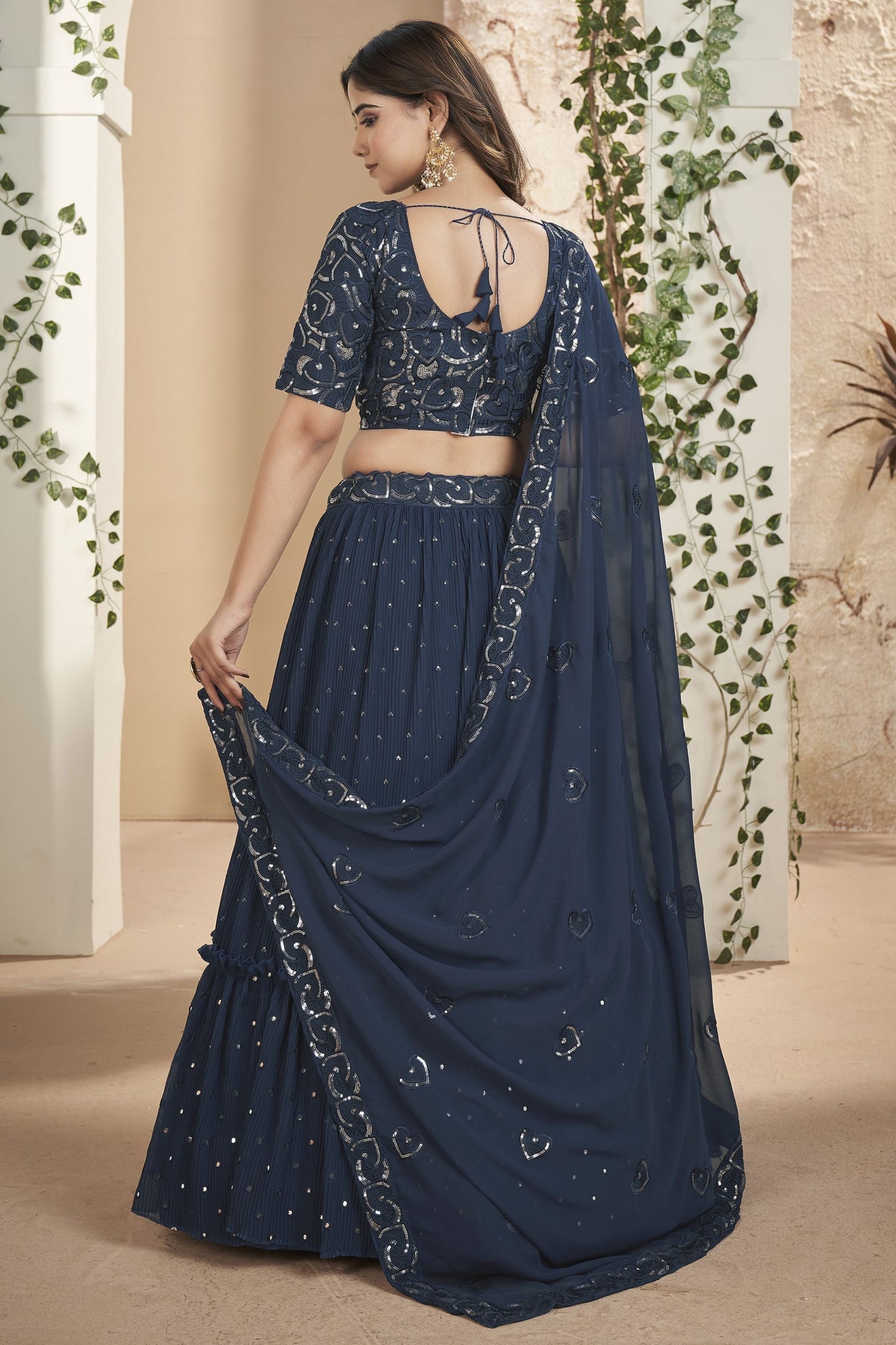 Blue Georgette Ruffle Lehenga Choli 9 Meter Flair For Indian Festivals & Weddings - Sequence Embroidery Work, Thread Embroidery Work,