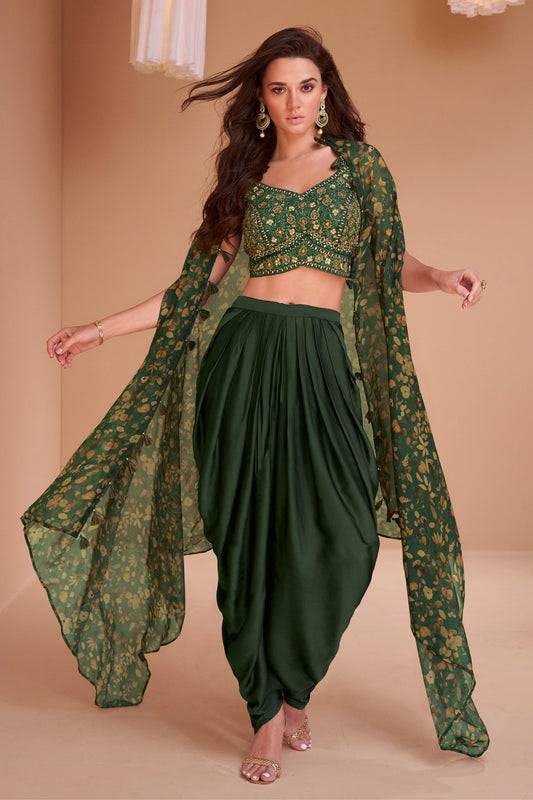 Green Satin Pakistani Dhoti Salwar Kameez Shrug Suit For Indian Festivals & Weddings - Thread Embroidery Work, Real Mirror Work