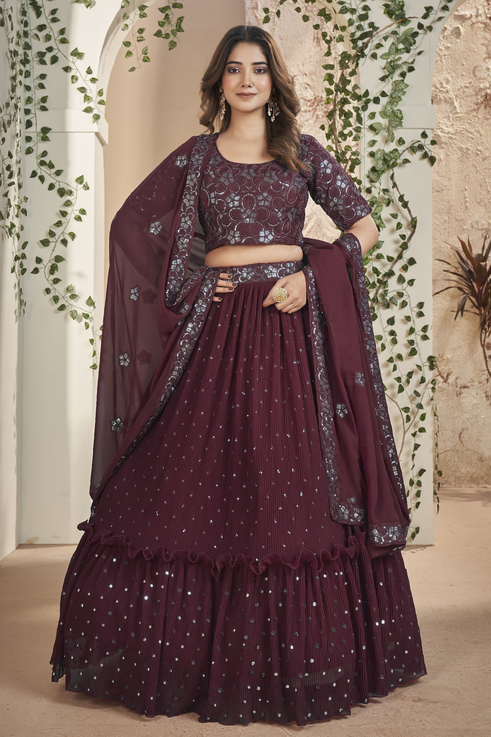 Maroon Georgette Ruffle Lehenga Choli 9 Meter Flair For Indian Festivals & Weddings - Sequence Embroidery Work, Thread Embroidery Work,