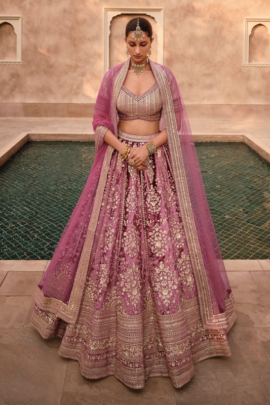 Pink Lycra Silk Lehenga Choli Handwork Blouse For Indian Festivals & Weddings - Embroidery Work, Handwork