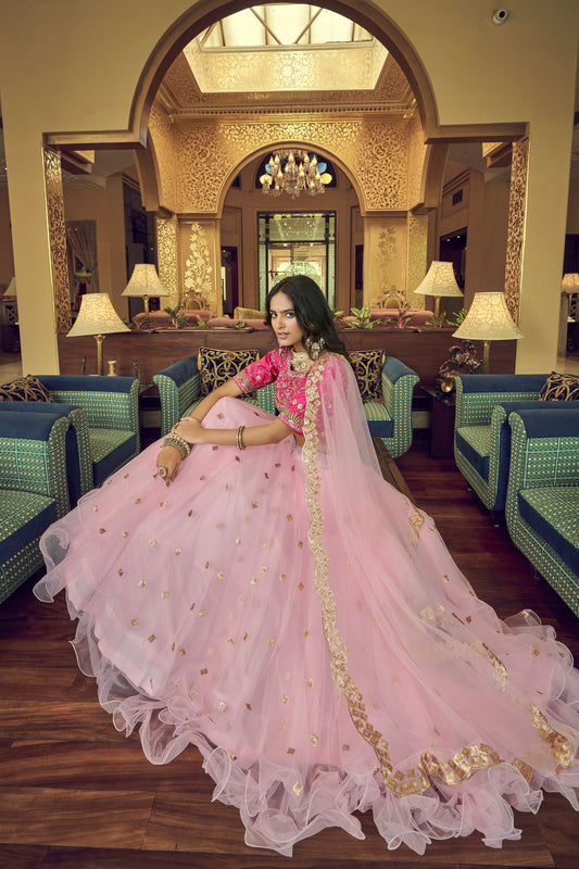 Baby Pink Pakistani Silk Ruffle Lehenga Choli For Indian Festivals & Weddings - Sequence Embroidery Work, Thread Embroidery Work,