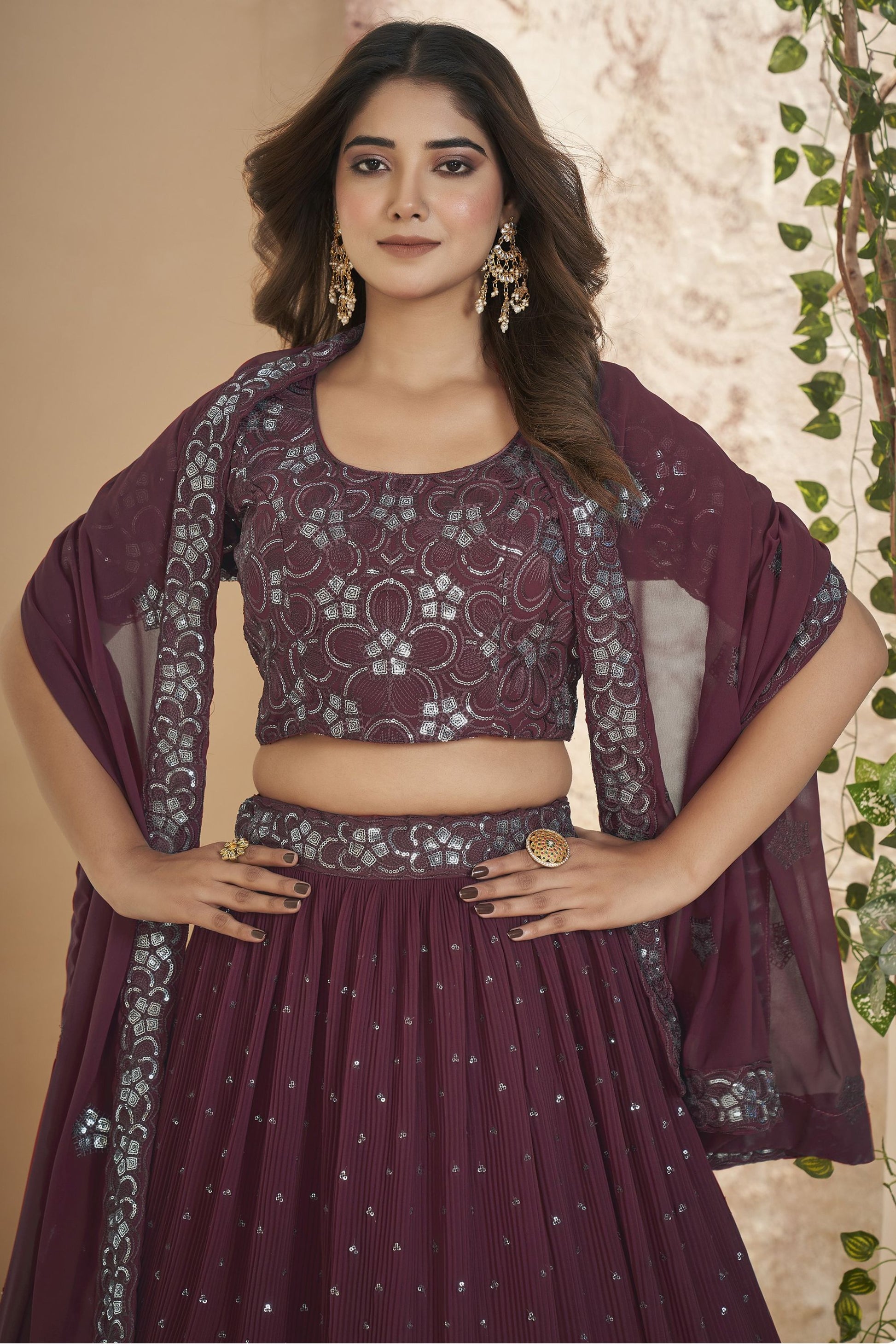 Maroon Georgette Ruffle Lehenga Choli 9 Meter Flair For Indian Festivals & Weddings - Sequence Embroidery Work, Thread Embroidery Work,