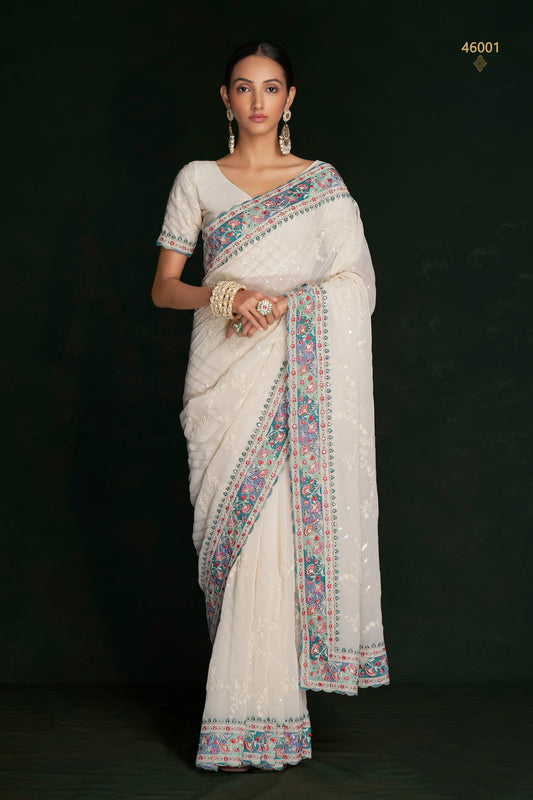 White Georgette Sarees with Blouse for Weddings | Indian Sari for Festival - Lucknowi Work