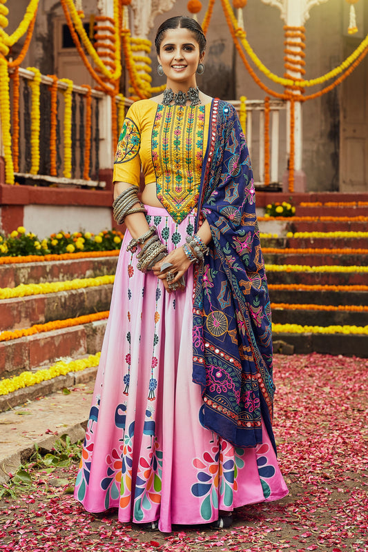 Pink Cotton Chaniya Choli For Navratri Garba Festivals 8 Meter Flair - Thread Embroidery Work, Print Work. Aari Work