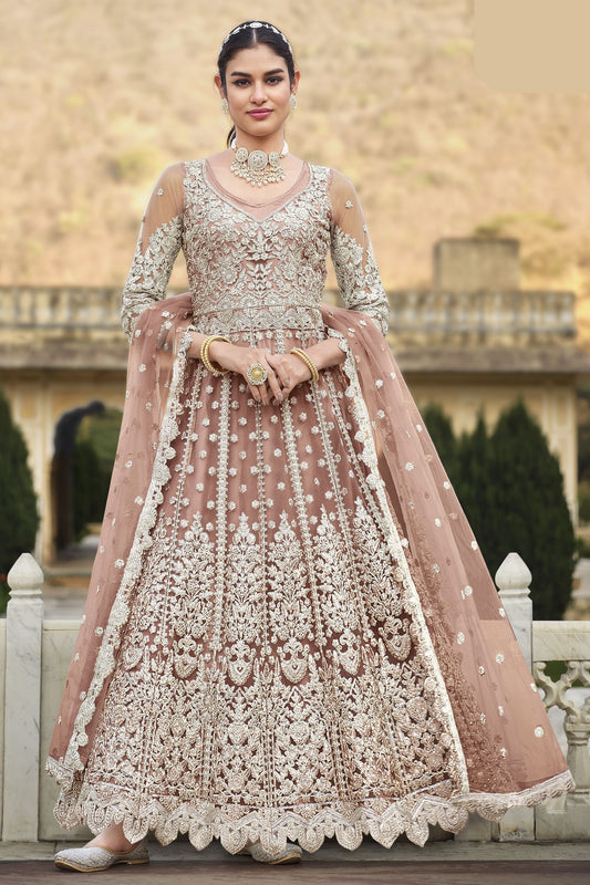 Baby Pink Pakistani Net Anarkali Gown For Indian Festivals & Weddings - Thread Embroidery Work, Stone Work