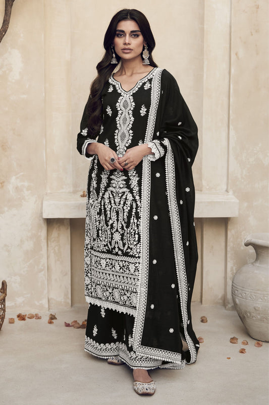 Black Chinon Silk Pakistani Salwar Kameez For Indian Festivals & Weddings - Thread Embroidery Work