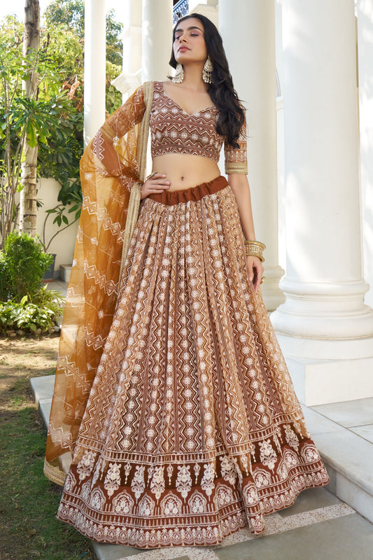 Brown Net Embroidered Lehenga Choli For Indian Festival & Weddings - Thread Embroidery Work, Sequence Embroidery Work
